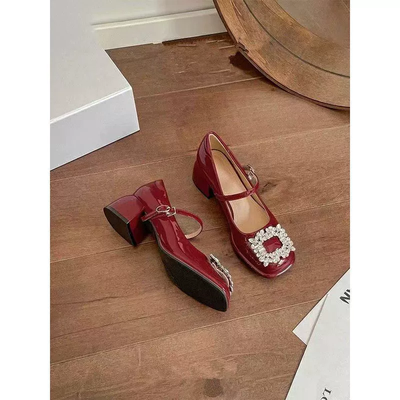 Французские ретро на высоком каблуке красные кожаные туфли темпераментные туфли Мэри Джейн женские толстые туфли-одиночные туфли со стразами свадебные туфли невесты