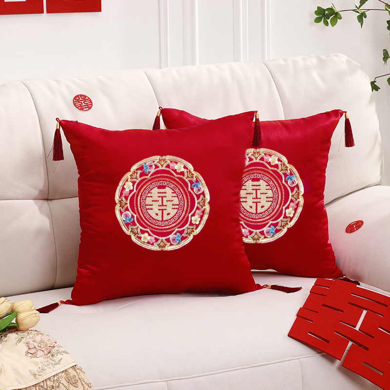 Almohada DE BODA festivo rojo nueva pareja Xi carácter sofá cojín decoración de la habitación de la boda suministros de la boda china