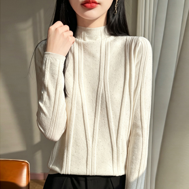New autumn and winter women's knitted sweater with rhinestone embellishments, half-high collar, slim-fit top, suitable for layering, available for cross-border wholesale and drop shipping New autumn and winter women's knitted sweater with rhinestone embellishments, half-high collar, slim-fit top, suitable for layering, available for cross-border wholesale and drop shipping