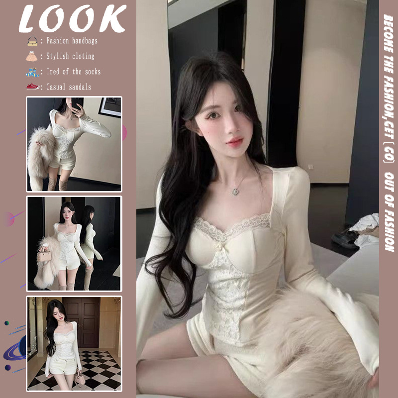2026 Pure Desire Spicy Girl Square Neck Fishbone Top for Women, Autumn and Winter Chanel Style Fleece Lace Base Shirt for Christmas 2026 Pure Desire Spicy Girl Square Neck Fishbone Top for Women, Autumn and Winter Chanel Style Fleece Lace Base Shirt for Christmas