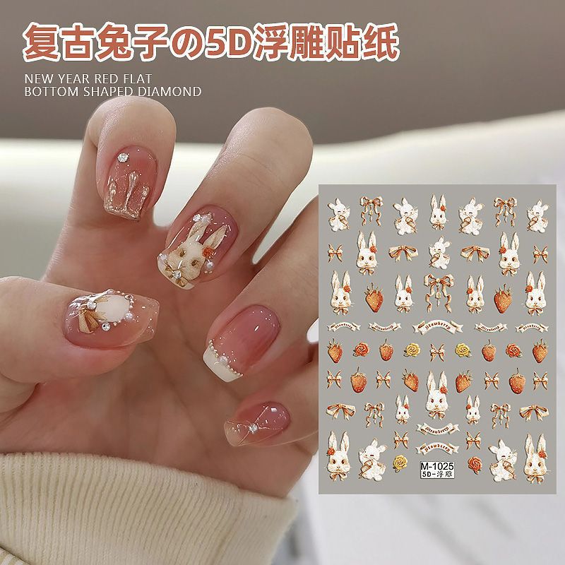 2024 Explosions Vintage Rococo Embossed Nail Art Strawberry Rabbit Cute Sticker Nail Bow Stereo Cartoon