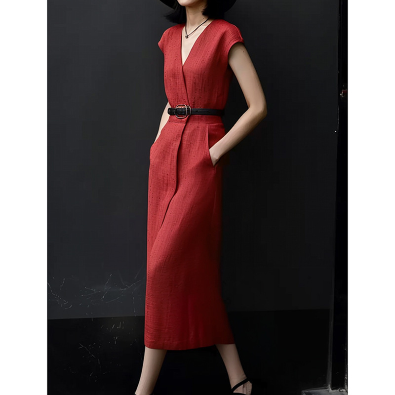 Summer New European Style Retro French Simple and Elegant Fashion Waist-Cinching Slimming Straight Red Short-Sleeve Dress for Women