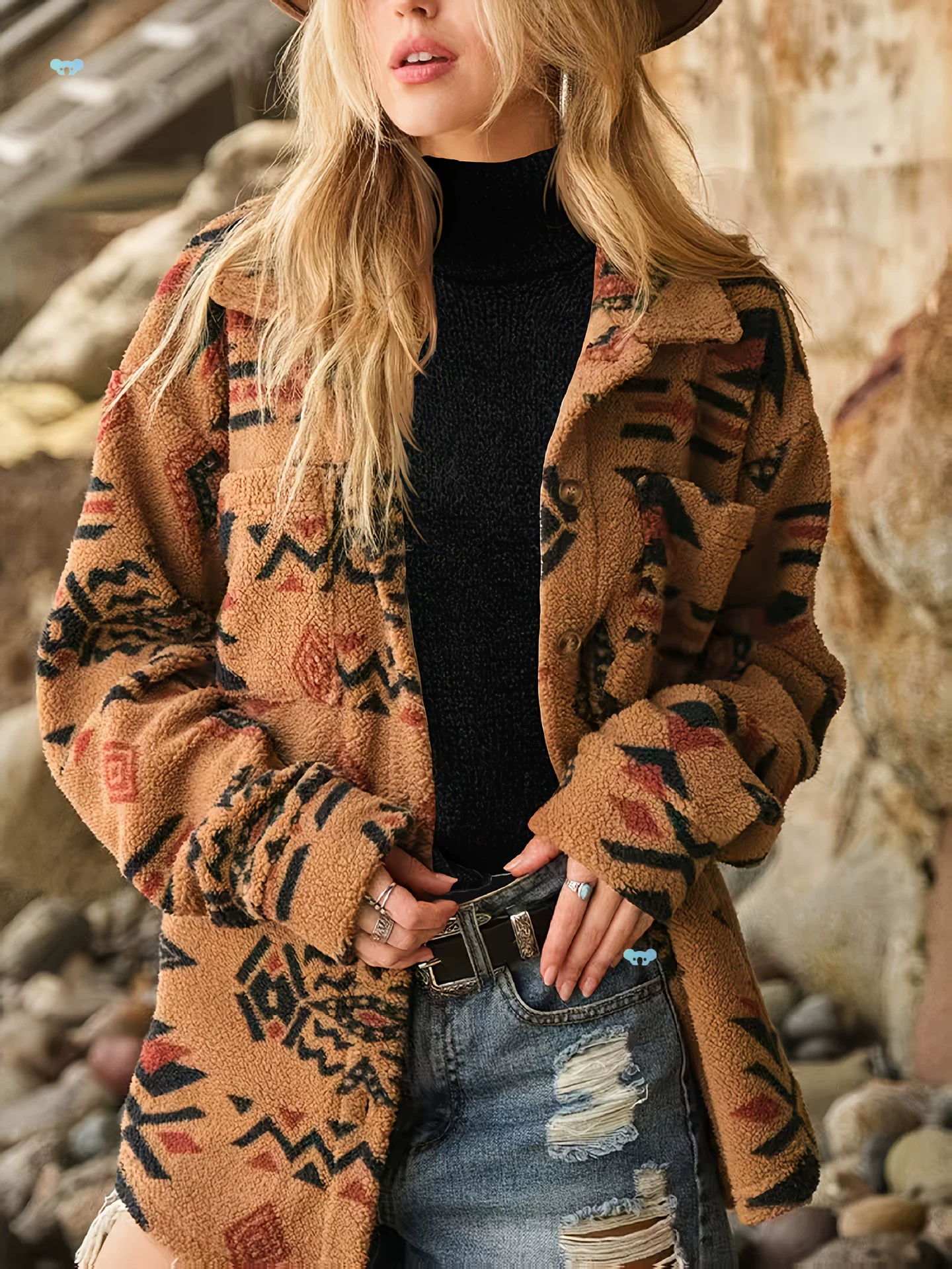 ЖенскийOversized жакет с геометрическим принтом из искусственного меха, уютный длинный