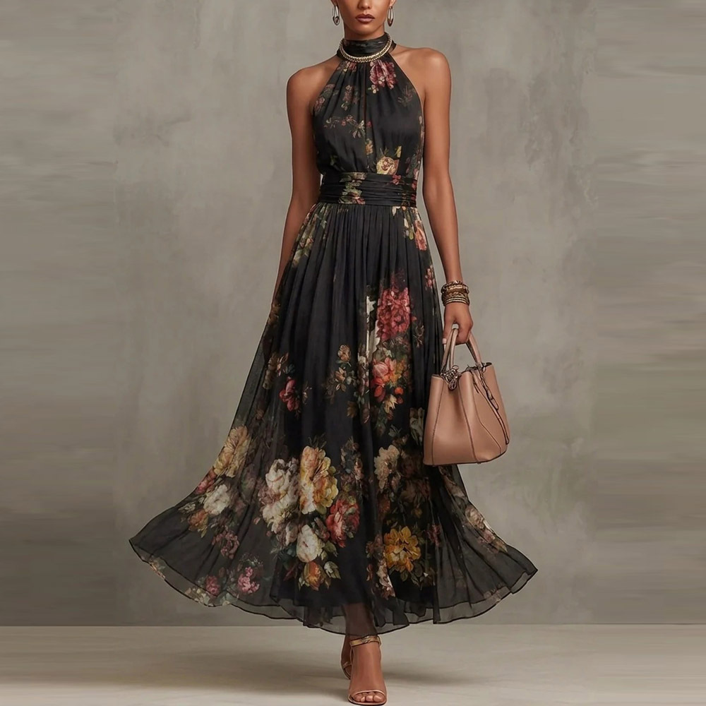 2026 Summer European and American Style Elegant Hollow-Out Stand-Collar Sleeveless Printed Dress with Waist-Cinching Slimming Effect and A-Line Flared Long Skirt