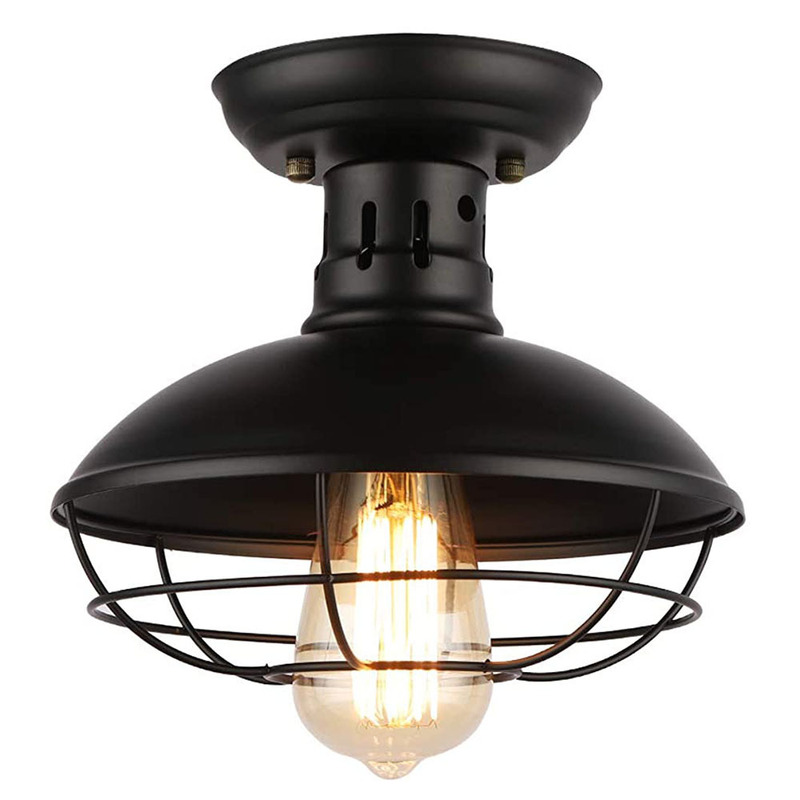 Industrial Retro Ceiling Light Black Metal Cage Chandelier Semi-Recessed Round Ceiling Light