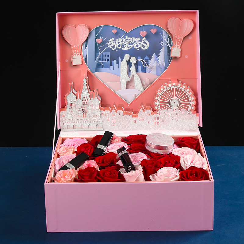 En stock caja tridimensional creativa caja de regalo Rosa Día de San Valentín caja de regalo Qixi para niñas caja de embalaje de cosméticos