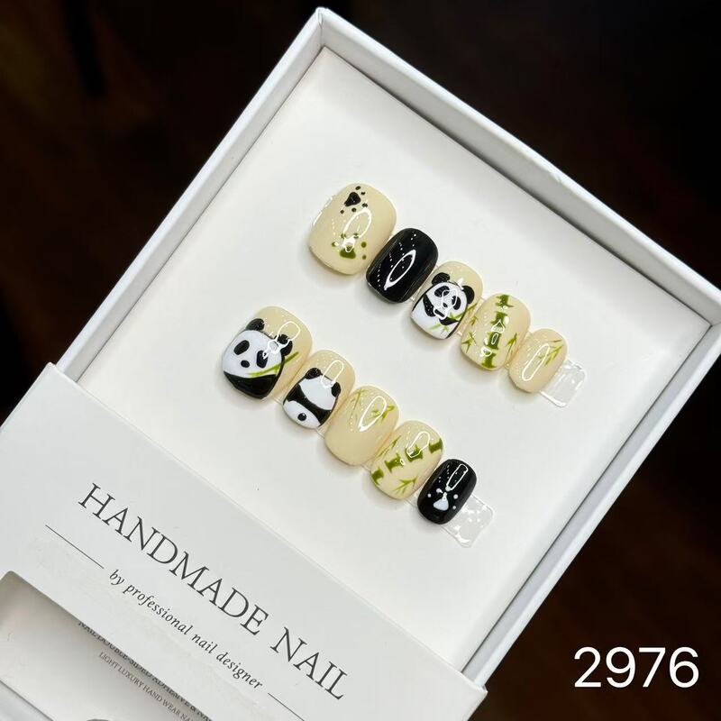 【純手作りのつけ爪29-32】ロングフレンチキャットアイパッチ付け爪、取り外し可能なネイルアートコレクション|undefined