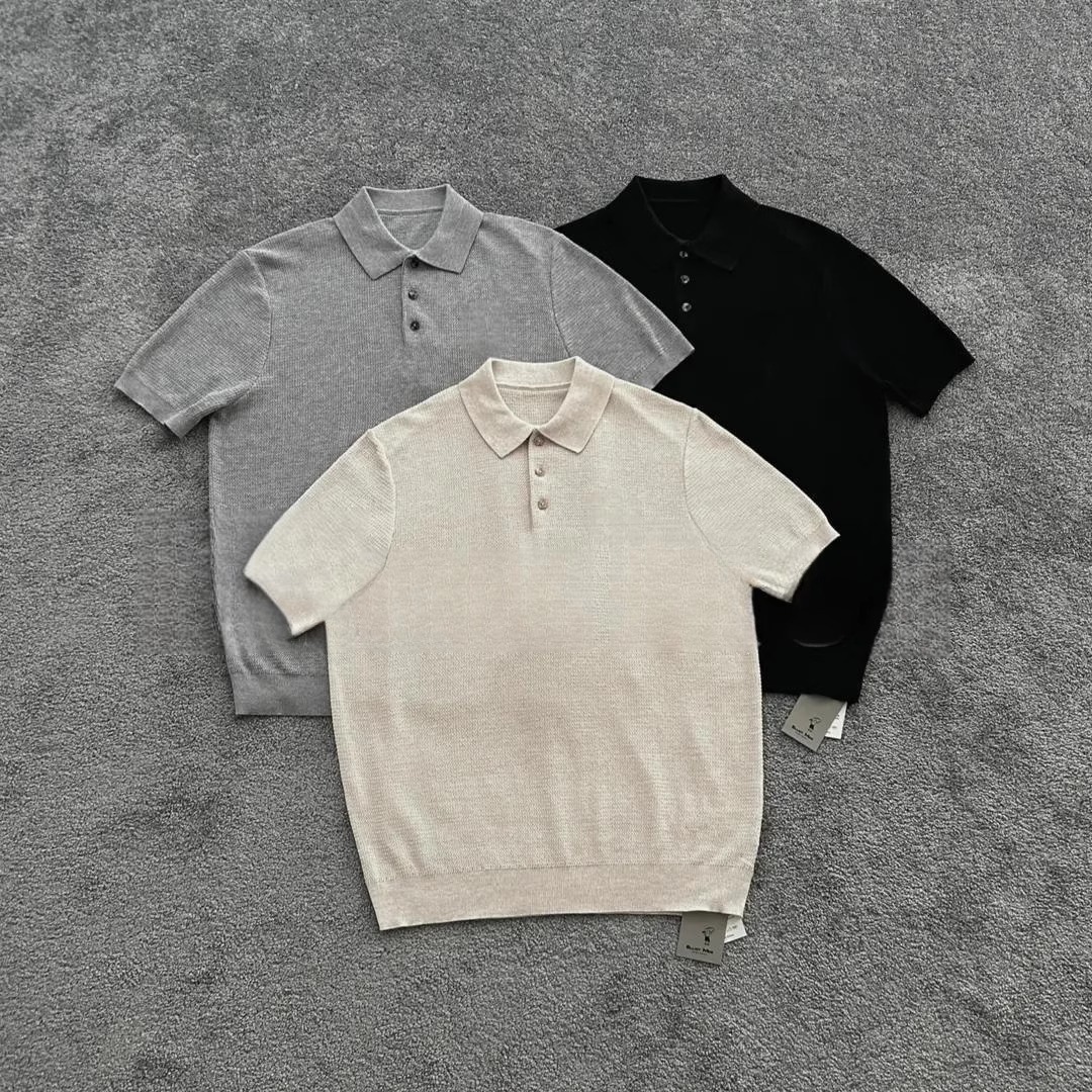 Polo Shirt Italian Pure Color Lapel Versatile Short-Sleeved Summer Knitted Casual Loose Men's Accessible Luxury Korean Top