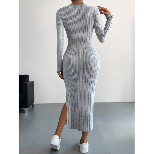 Hot-selling European and American cross-border Amazon 2025 spring/autumn new long-sleeved crewneck split-knit long dress for women