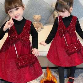 女童加绒亮片背心裙两件套2023秋冬新款洋气红色红色圣诞礼服套装