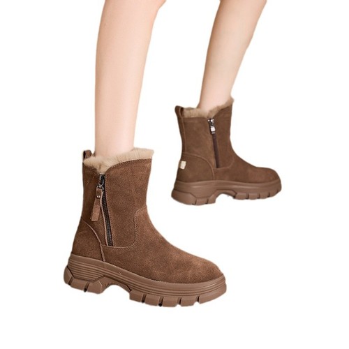 Women's Winter Snow Boots, Thick Cotton Warm Insulated Short Boots, Casual Fleece Outdoor Cotton Boots, Genuine Leather High-Top Women's Shoes