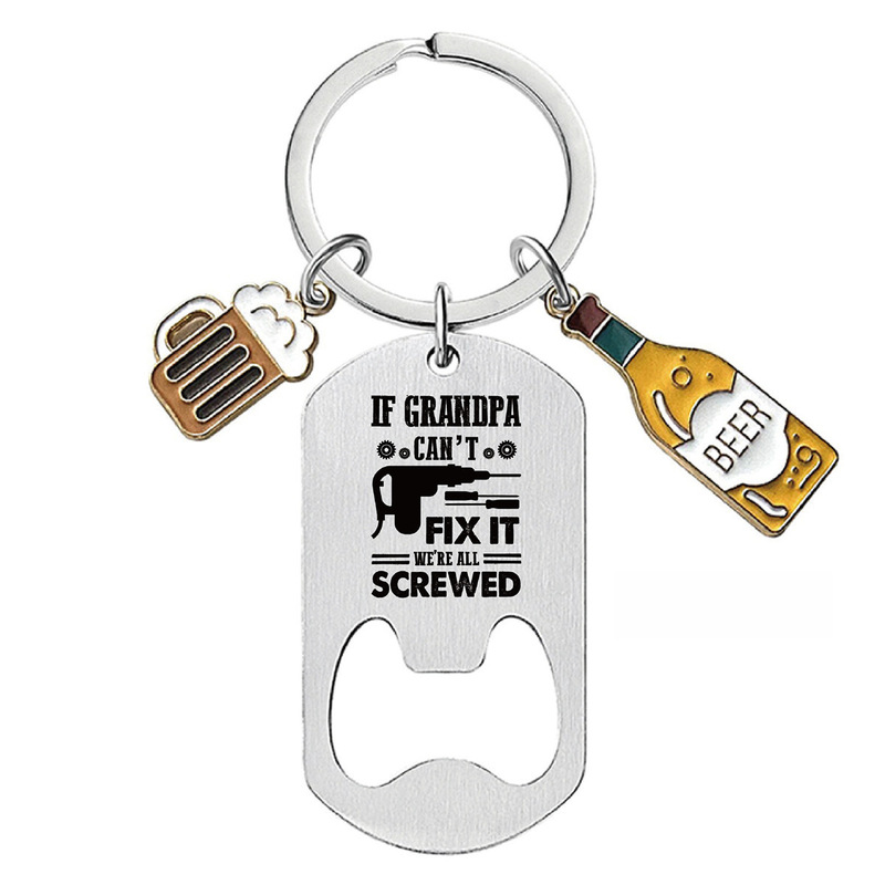 Cross border hot sale keychain stainless steel bottle opener father's day gift beer bottle accessories metal in stock lettering