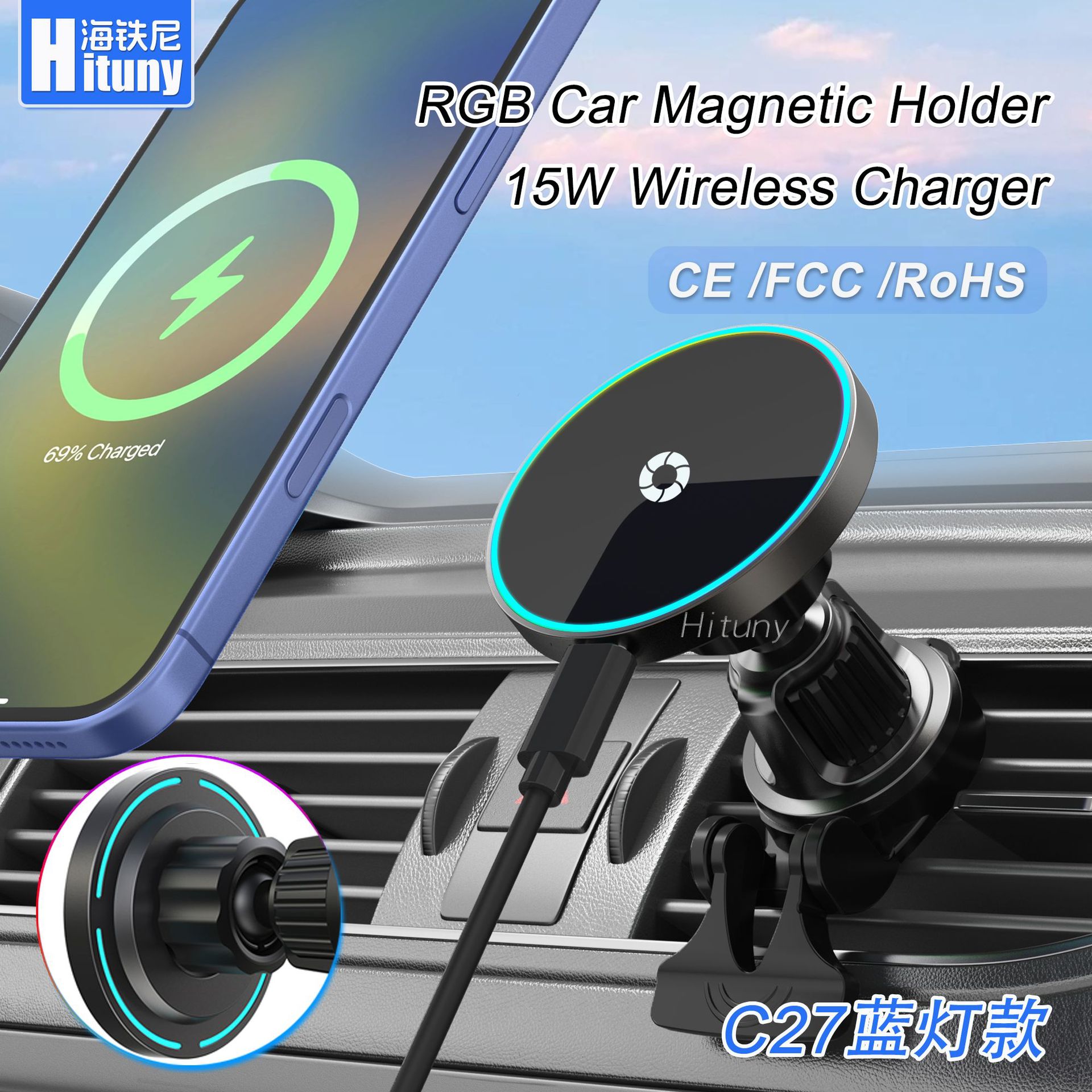 Cargador inalámbrico para automóvil de 15W Soporte de navegación para teléfono móvil Magsafe para carga inalámbrica magnética Apple Android