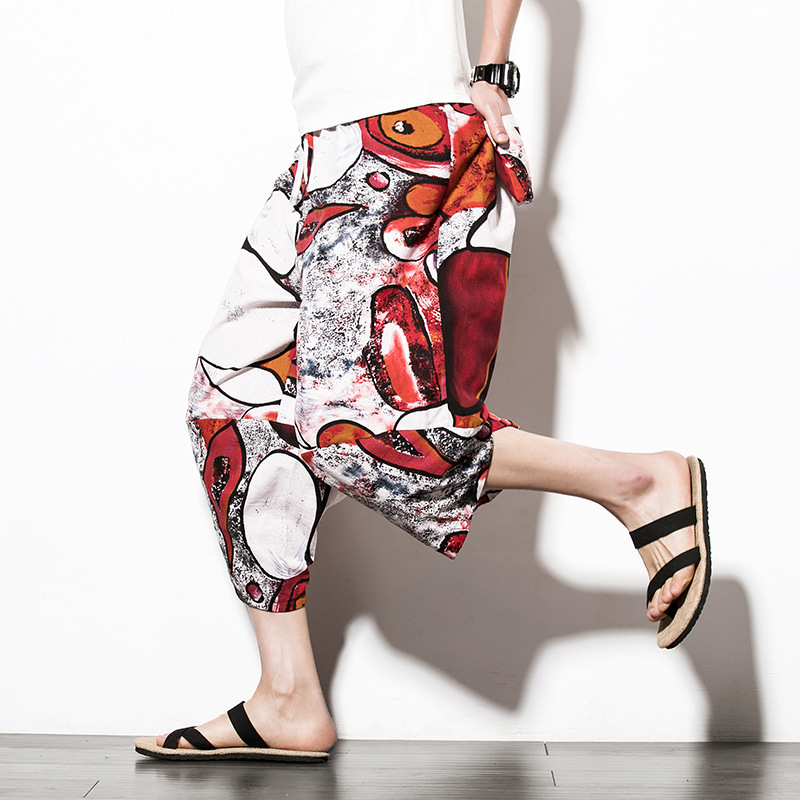 Verano japonés de talla grande para hombres pantalones cortos de lino impresos de estilo étnico estilo chino pantalones de bombachos de pierna ancha sueltos de talla grande