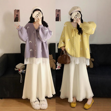 大码女装秋装新款蝴蝶结蕾丝拼接针织开衫毛衣外套+半身裙两件套