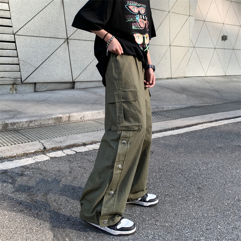 Primavera cintura elástica con cordón overoles Harajuku estilo breasted pantalones casuales rectos hombres de color sólido retro recortada pantalones marca de moda