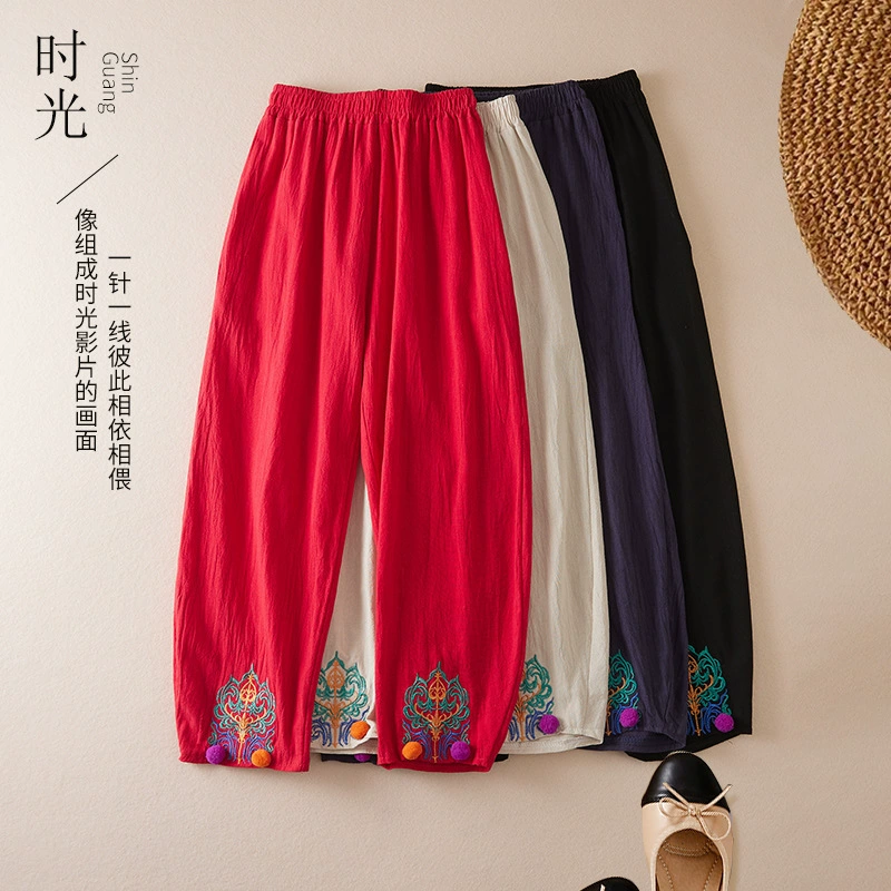 Женские весенне-летние новые женские брюки из хлопка и льна, шаровары с литературной ретро-вышивкой, повседневные девятиточечные брюки из хлопка и льна