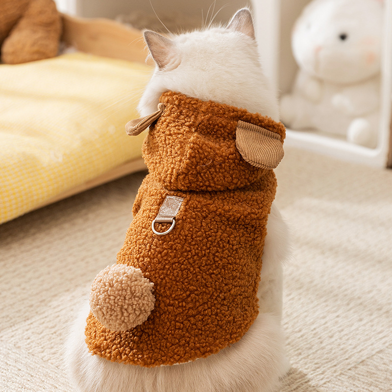 Brown lindo viento pequeño animal estereoscópico orejas cola sin mangas tracción ropa de peluche gato dos patas mascotas suministros para gatos image 1