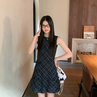 无袖圆领女格纹腰美式复古学院风连衣裙