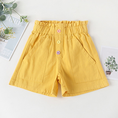女童公主短褲子 2021新款女童褲中大童兒童排扣木耳腰頭時尚短褲