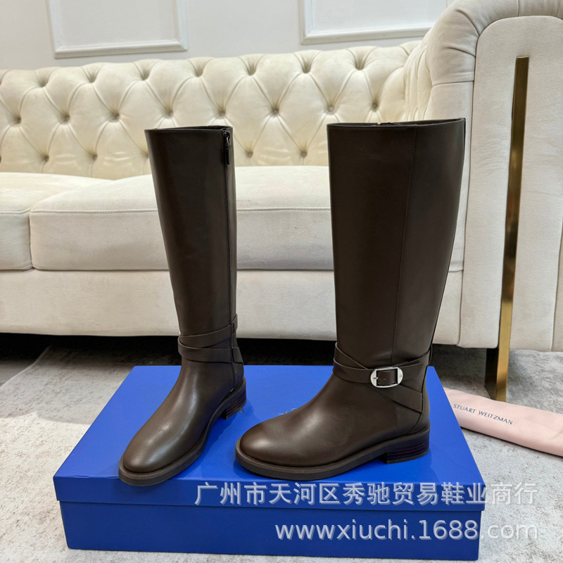 高版2025S.W新品低跟粗跟长靴高筒靴欧版真皮骑士靴女靴增高瘦瘦|undefined