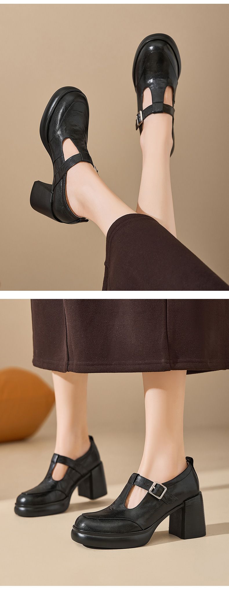 Giày Mary Jane nữ da cừu cao gót 6 cm phong cách vintage — màu nâu chi tiết 7