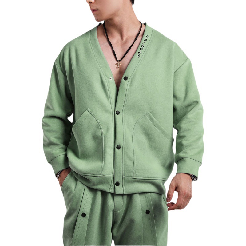 Engrosada primavera y otoño chaqueta de manga larga de los hombres simple cardigan traje casual más tamaño pantalones al aire libre con cuello en V nueva moda