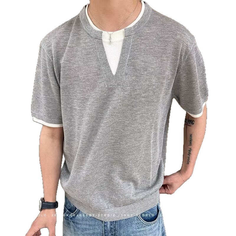Falsa camiseta de manga corta de dos piezas hombre cuello V cuello redondo viejo viento de negocios camiseta de hielo delgada verano fábrica transfronteriza al por mayor