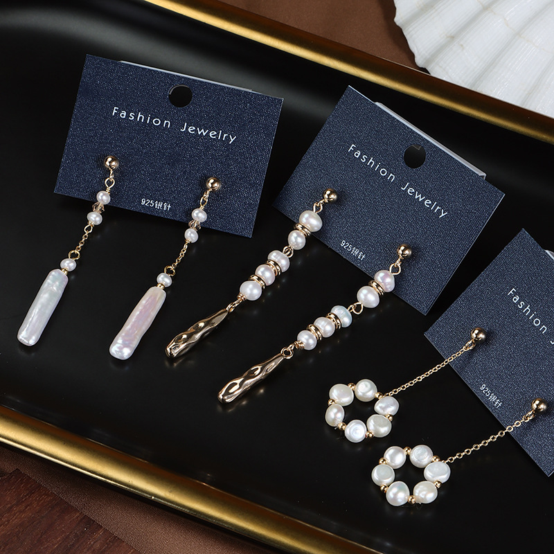 Original niche design natural fresh water pearl baroque earrings wholesale copper plated genuine gold S925 pure silver needles