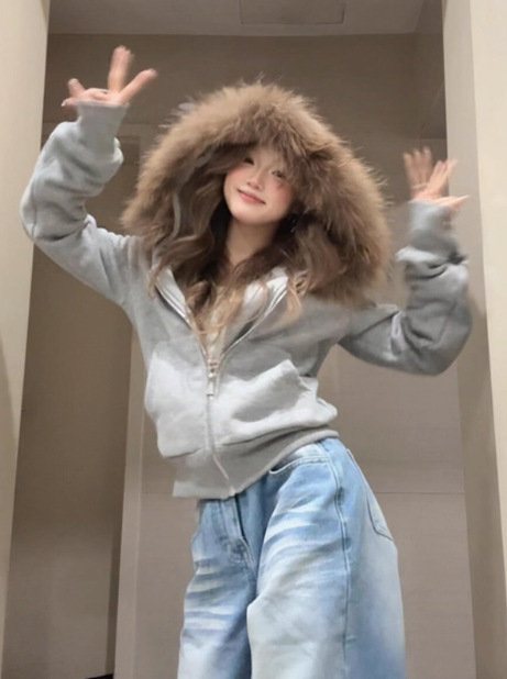 黑色显瘦毛领连帽长袖卫衣女2025秋季美式高街慵懒风外套开衫上衣|undefined