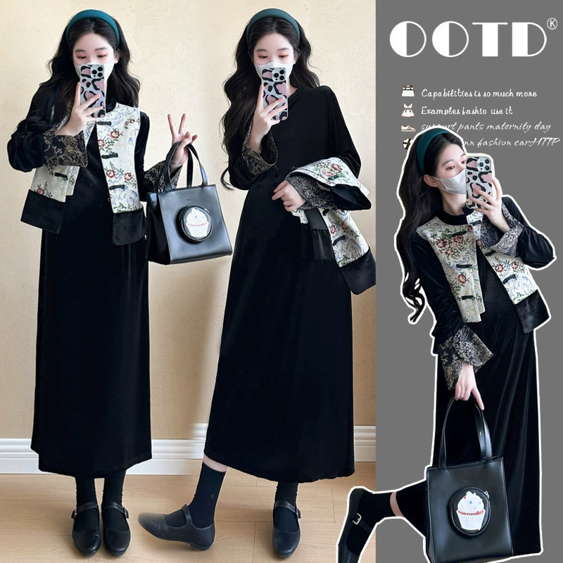 Съемка на месте ~ 2024 осенние беременные старое чувство новый китайский стиль пуговицы жилет бархатное платье