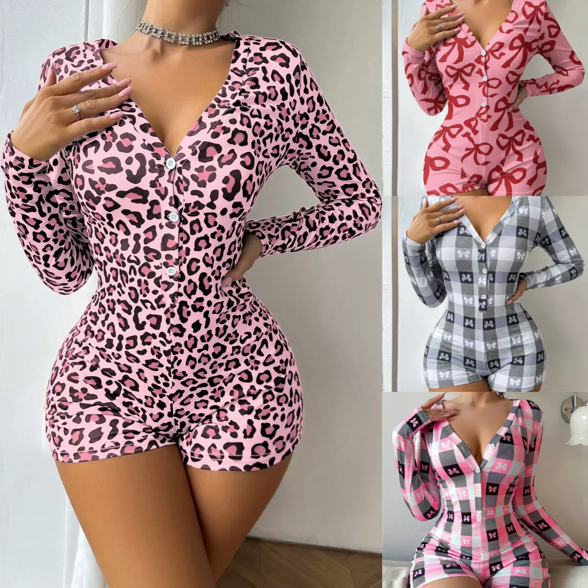 K25ST057欧美跨境豹纹女士睡衣长袖纽扣性感V领修身连体衣慵懒风