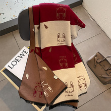 秋冬季新款高品质可爱卡通猫咪拼色围脖双面双色仿羊绒披肩围巾女