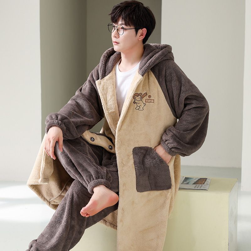 125kg Pajamas Men's Coral Fleece Autumn and Winter Thickened Velvet Pajamas Extra Large Size Flannel Bathrobe Home Clothing Set
