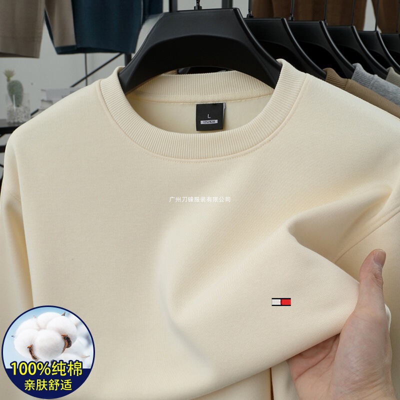 European and American Casual Tommy Tomy Spring New Men's Pure Cotton Sweatshirt Round Neck Trendy Large Size Long-Sleeved T-Shirt