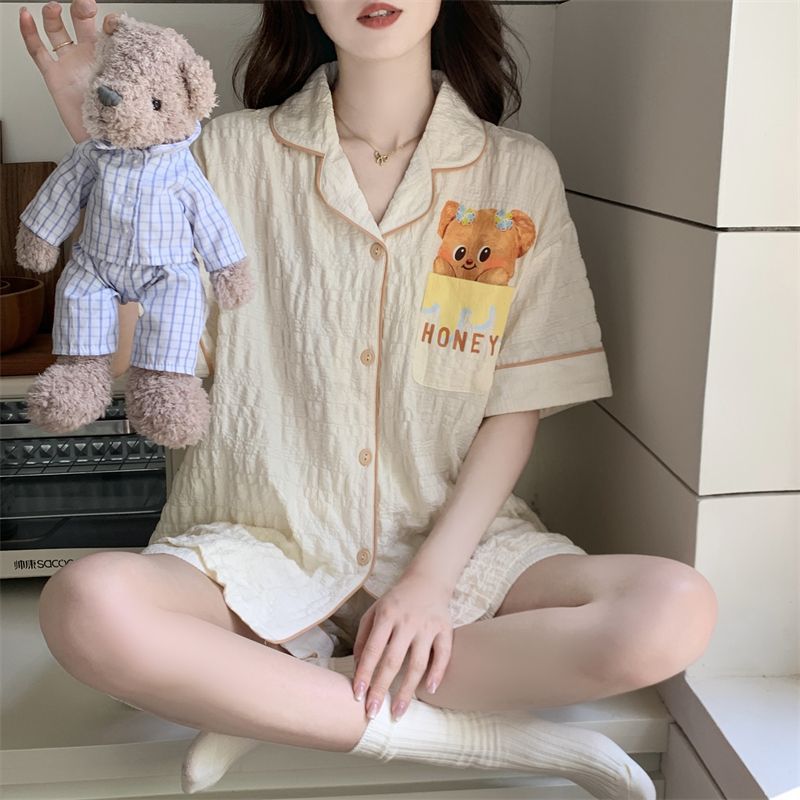 Pijama de algodón burbuja mujer verano nuevo estilo rebeca de solapa pantalones cortos de manga corta niña dulce dibujos animados lindo servicio a domicilio delgado