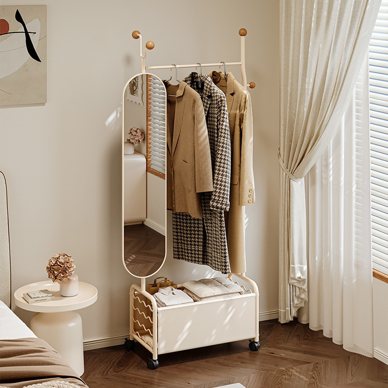 Bedroom Clothes Rack with Rotating Mirror Floor-Standing Home Entrance Door Entrance Movable Coat Rack Integrated Full-Length Mirror