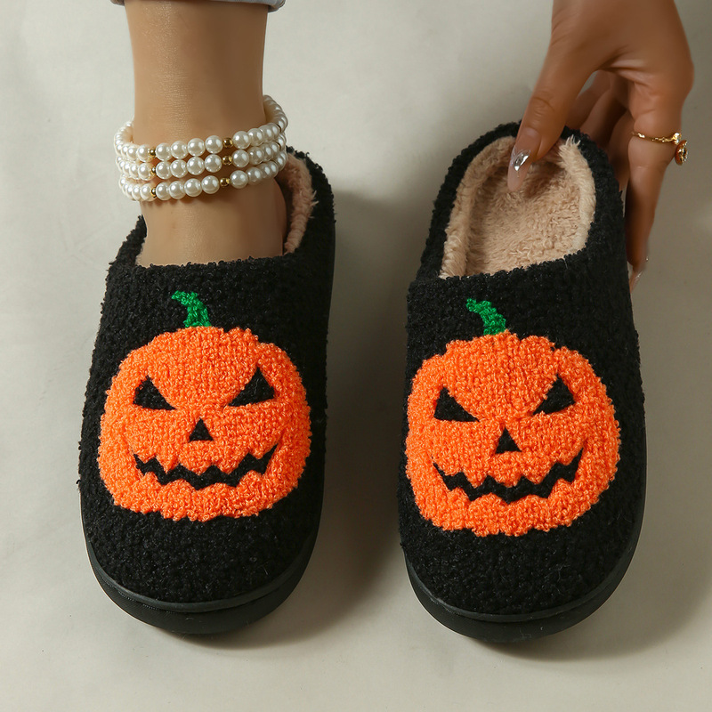 Halloween Pumpkin Bat Cartoon Cotton Slippers for Women Export Casual Home Warm Non-Slip Large Size Men's and Women's Flats Shoes