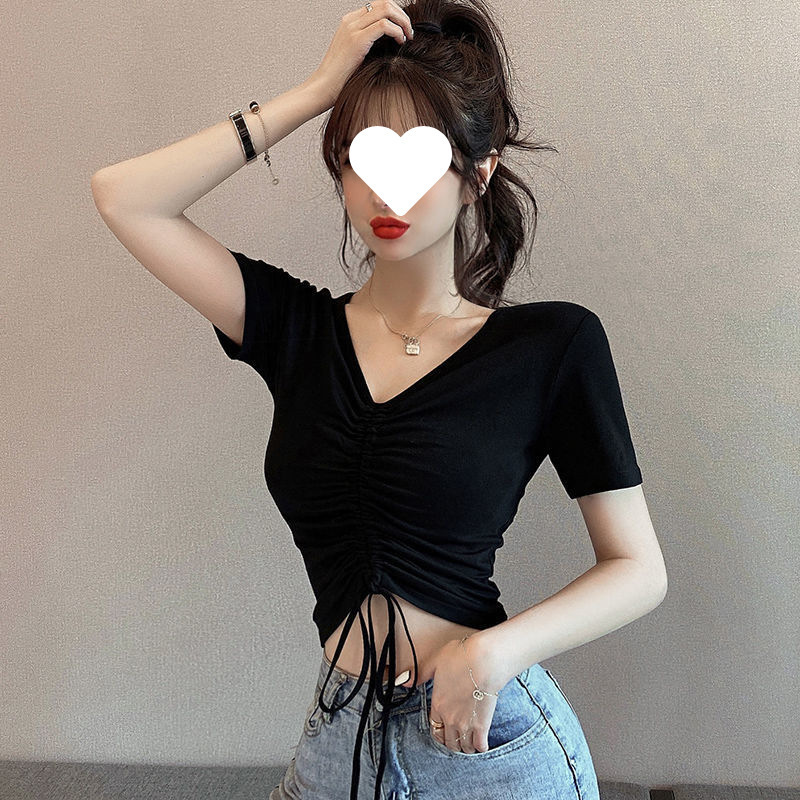 Black Short-Sleeved T-Shirt Women's Summer V Neck Drawstring Tight Short Top 2025 New Style High