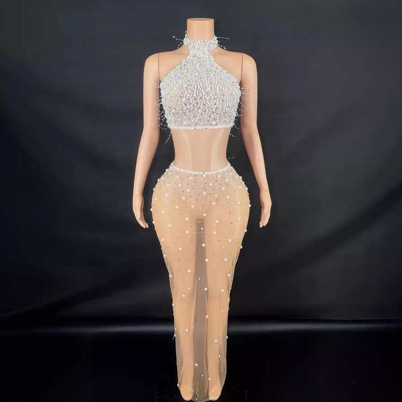 Pearl Full Diamond Neck Long Dress suit European and American Cross-border Stage Party Beauty Pageant Evening Dress Club Bar Pearl Full Diamond Neck Long Dress suit European and American Cross-border Stage Party Beauty Pageant Evening Dress Club Bar