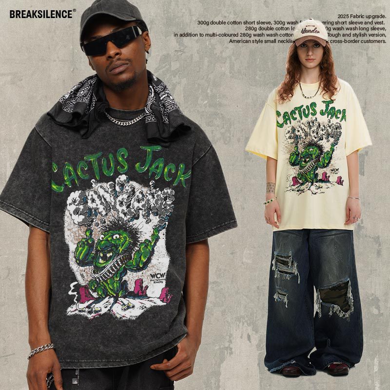 2025 Cross-border Spring and Summer Cactus Jack American Style Retro Direct Jet Printing Xinjiang Cotton Short-sleeved Men's T-shirt Bottoming