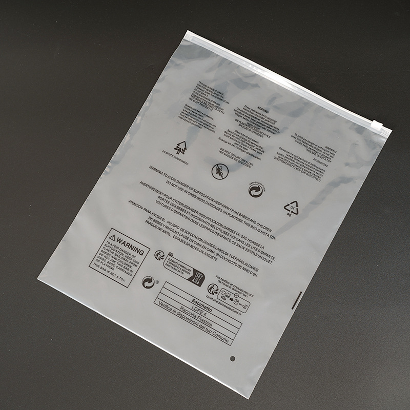 Bolsas con cierre y etiqueta de advertencia en stock, bolsas transparentes esmeriladas con cierre de Temu para ropa, calcetines y embalaje de prendas, personalizables.