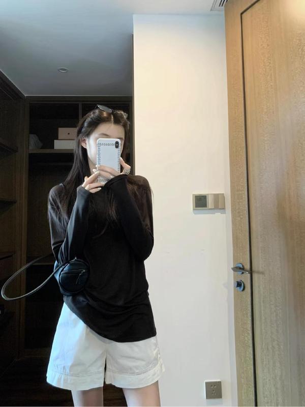 韓国スタイルの怠惰なスタイルの薄いアイスシルク日焼け止め長袖 Tシャツトップ女性のための 2025 夏カジュアルストレートショーツスーツ|undefined