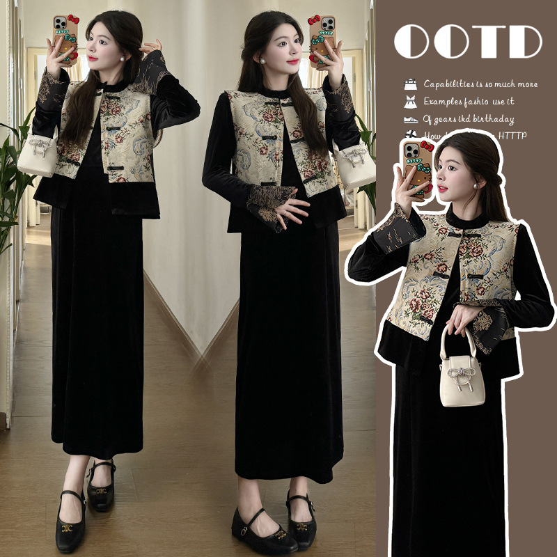 Maternity Clothes high-grade two-piece set classical belly covering vest new Chinese velvet skirt suit spring and autumn pregnant women dress