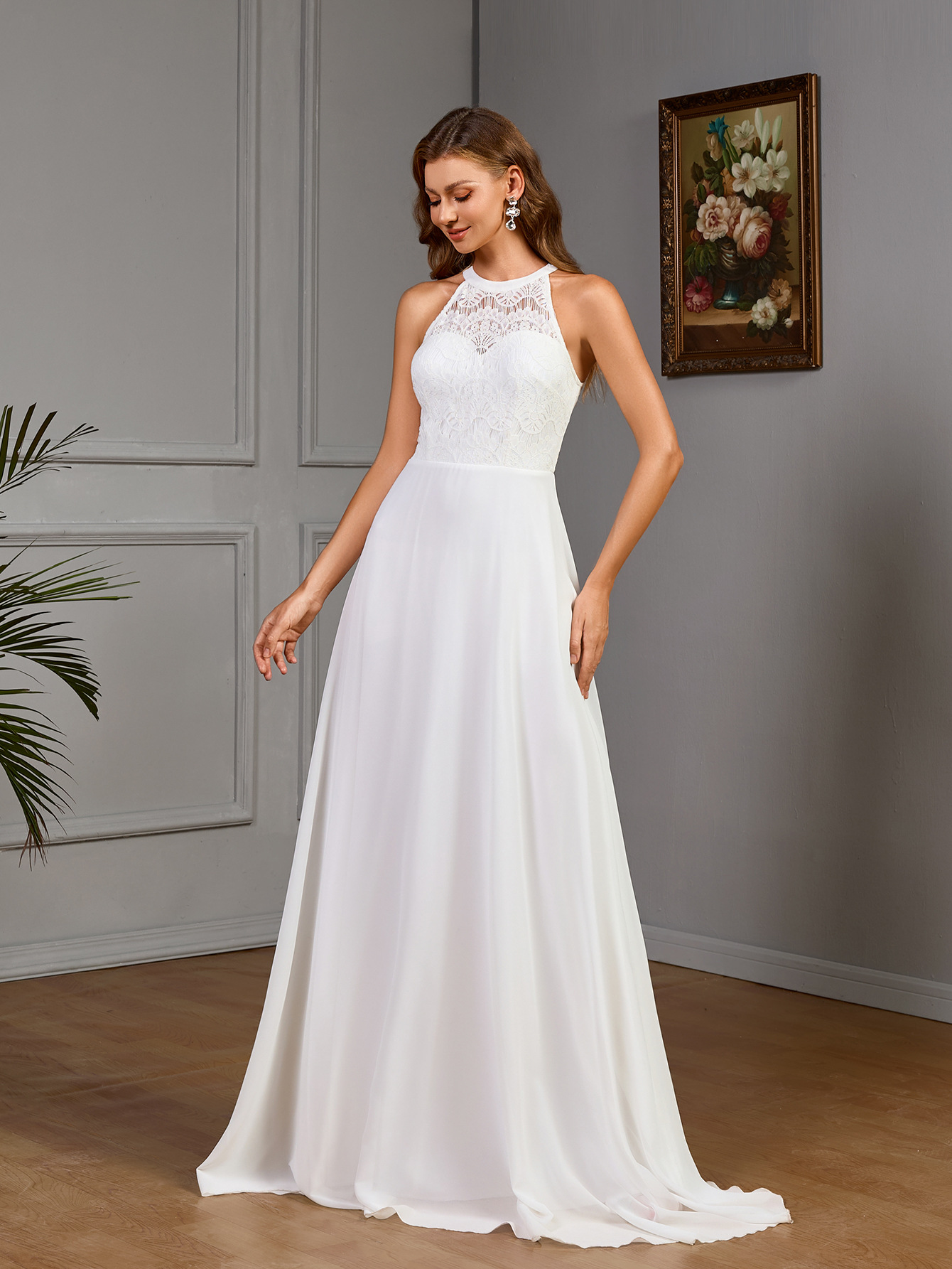 Spring Sleeveless Halter Dress Wedding Dress Bridesmaid Dress Solid Color Dress