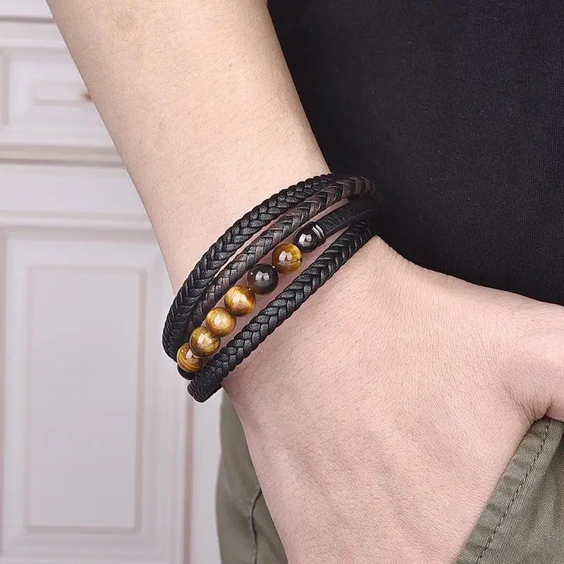 35g Weight wristband Classification Pu Leather Chain Material Woven Chain Chain Type Street Occasion Pu Leather, natural stone Material Geometric Pattern Men's Gender Polishing Design Vintage Style, Streetwear Style Vintage Style Streetwear Geometric Pu Leather Natural Stone Polishing Men's Wristband Men Cord & Leather Bracelets 2