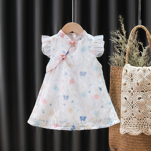 Girls Tang suit cheongsam summer dress Hanfu year old baby girl short-sleeved cotton and linen national style dress 77037