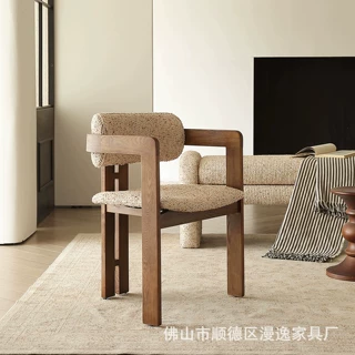 法式复古餐椅中古风扶手椅靠背茶椅家用麻将椅白蜡木布艺实木椅子
