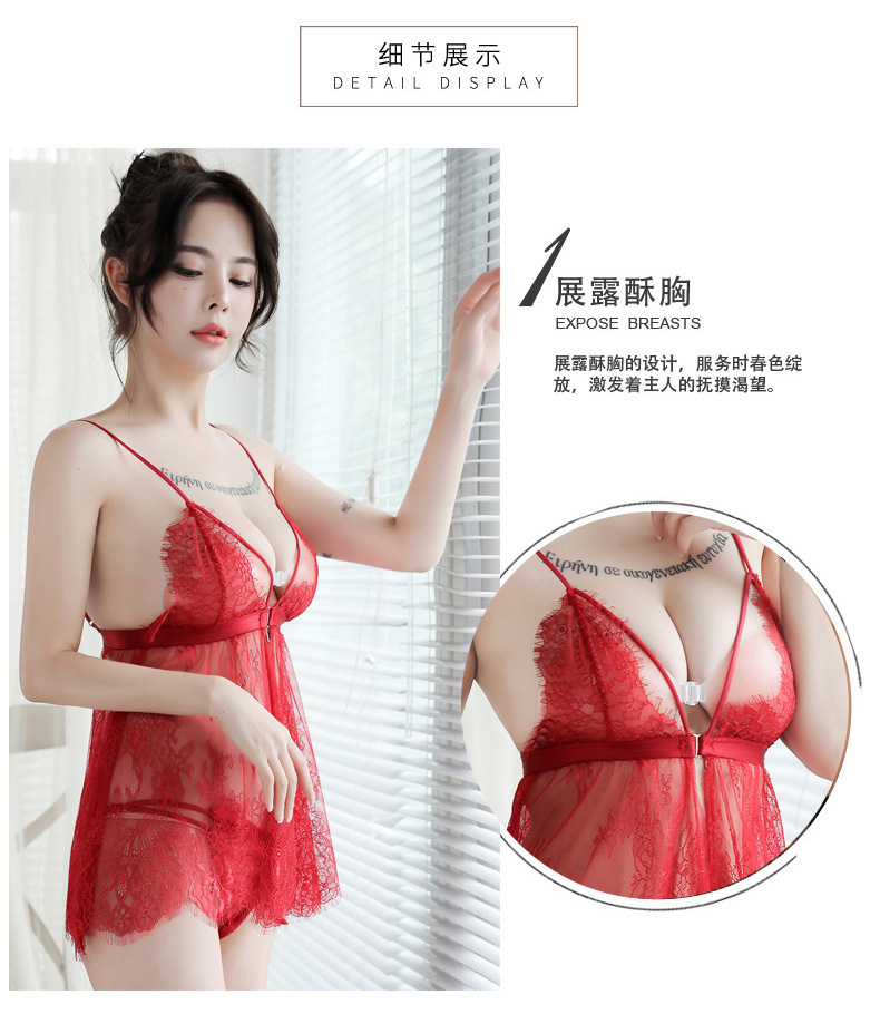 Women’s Sheer Lace Babydoll Nightgown with Thong, White One Size — detail image 17