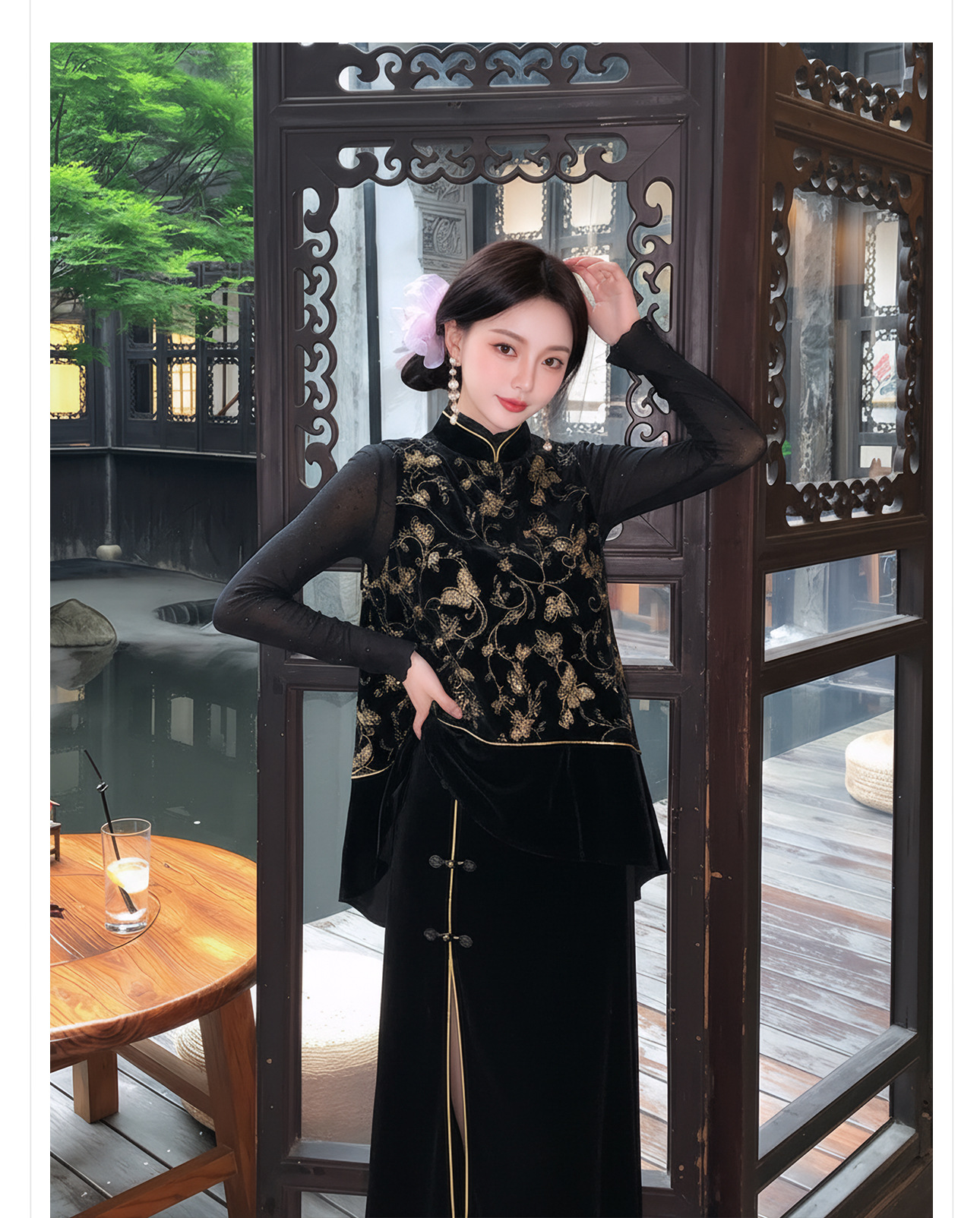 Bộ áo vest không tay thêu sequin đen vàng + chân váy nhung xẻ tà phong cách Trung Quốc mùa xuân hè — váy, áo vest chi tiết 4